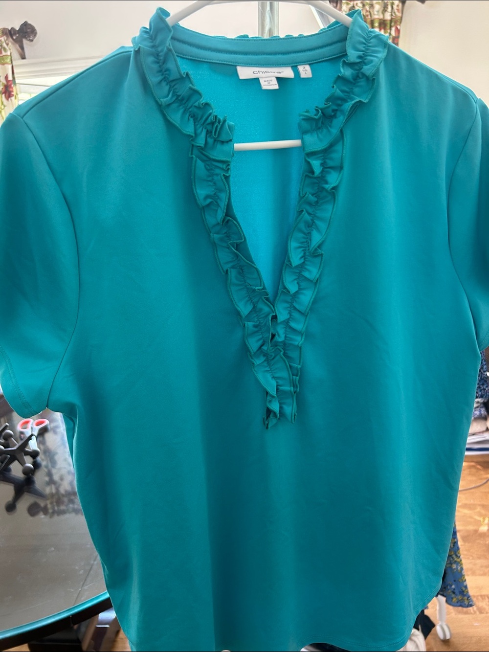 Chico's Teal Ruffle V-Neck Short Sleeve Blouse